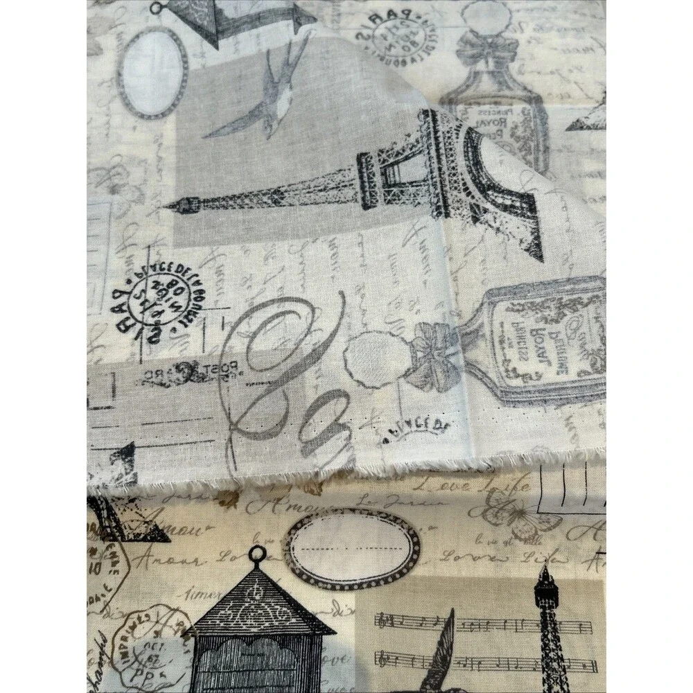 Paris Postcard Stamps Eiffel Tower France Cotton Quilting Fabric Music Notes